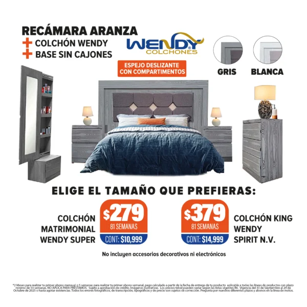 RECÁMARA ARANZA + COLCHÓN + BASE