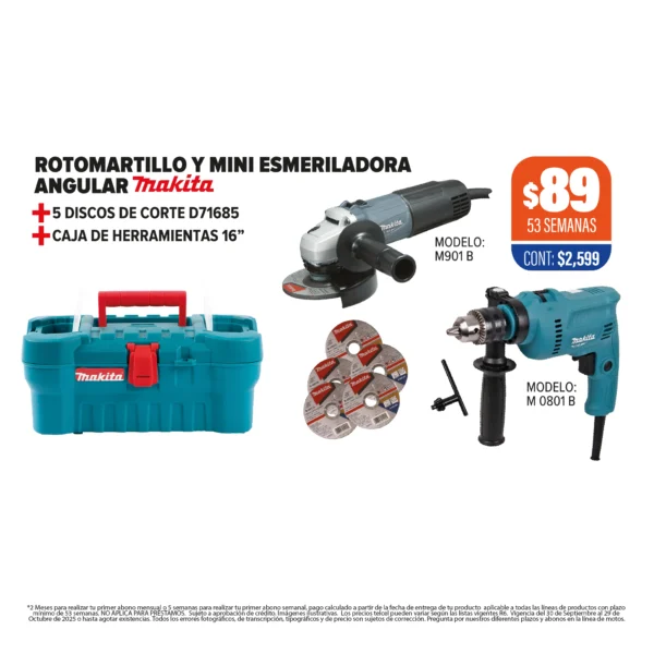 ROTOMARTILLO MAKITA + MINI ESMERILADORA + DISCOS + CAJA