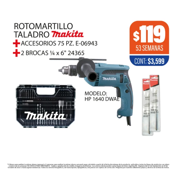 ROTOMARTILLO TALADRO MAKITA + ACCESORIOS + BROCAS