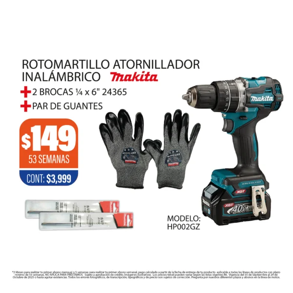 ROTOMARTILLO ATORNILLADOR MAKITA + BROCAS + GUANTES
