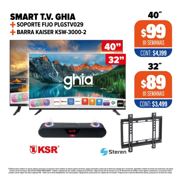 SMART TV GHIA + SOPORTE + BARRA DE SONIDO