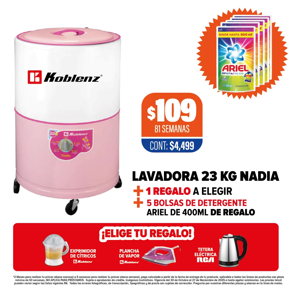 LAVADORA KOBLENZ 22KG NADIA + 1 REGALO + DETERGENTE DE REGALO