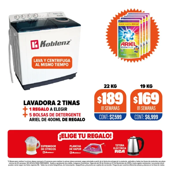 LAVADORA KOBLENZ 2 TINAS + 1 REGALO + DETERGENTE DE REGALO