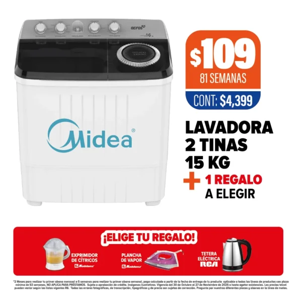 LAVADORA MIDEA 2 TINAS 15KG + 1 REGALO