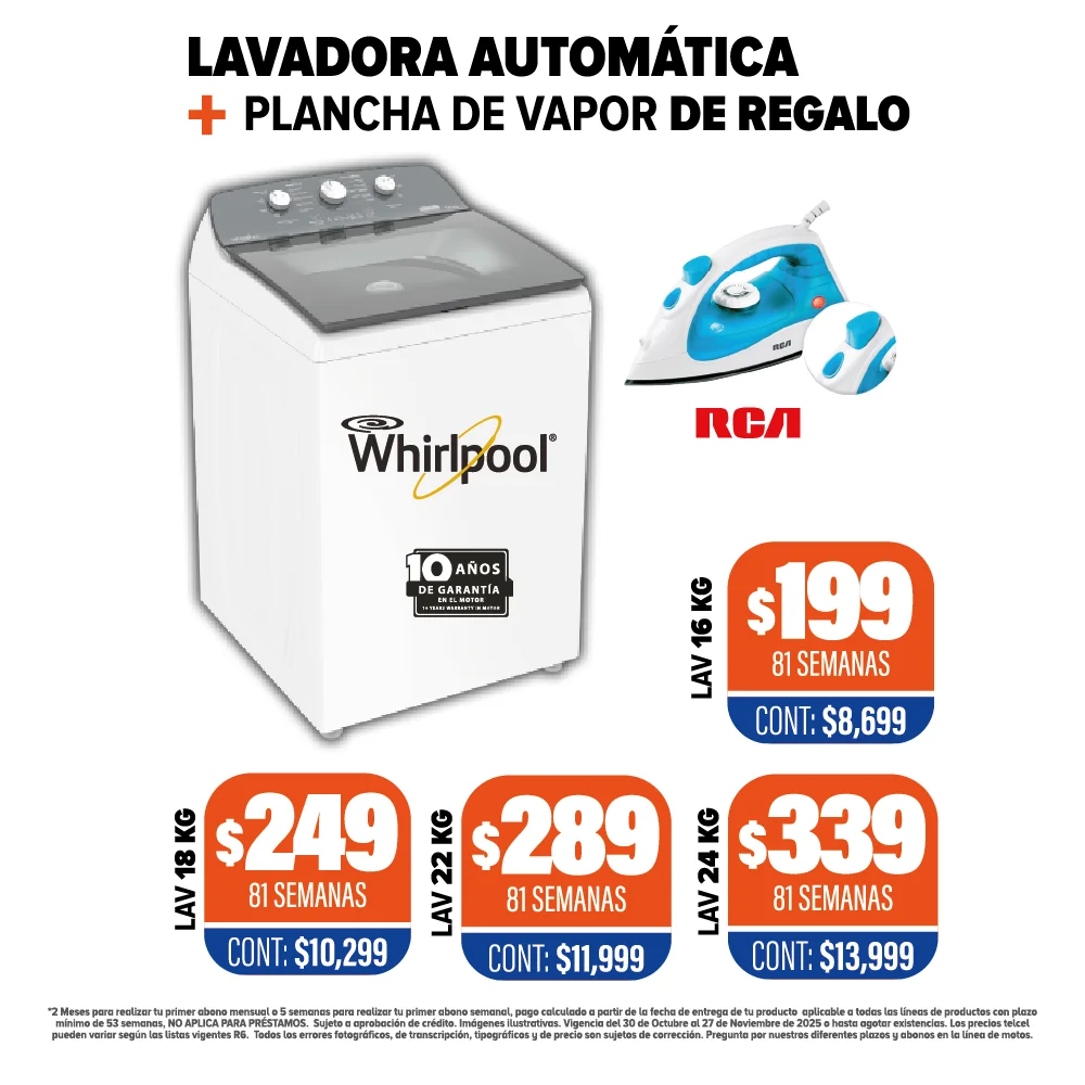 LAVADORA AUTOMÁTICA WHIRLPOOL + PLANCHA DE REGALO