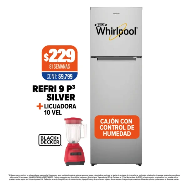REFRIGERADOR WHIRLPOOL 9 P3 + LICUADORA 10 VEL