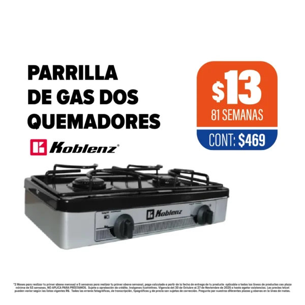 PARRILLA DE GAS 2 QUEMADORES KOBLENZ