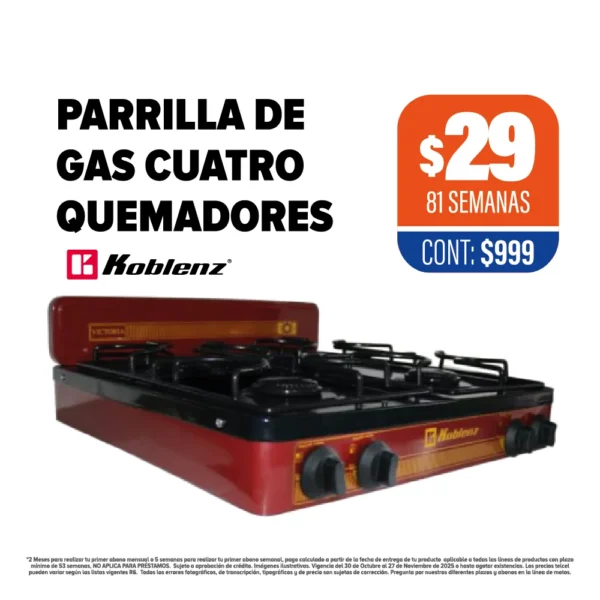 PARRILLA DE GAS 4 QUEMADORES KOBLENZ
