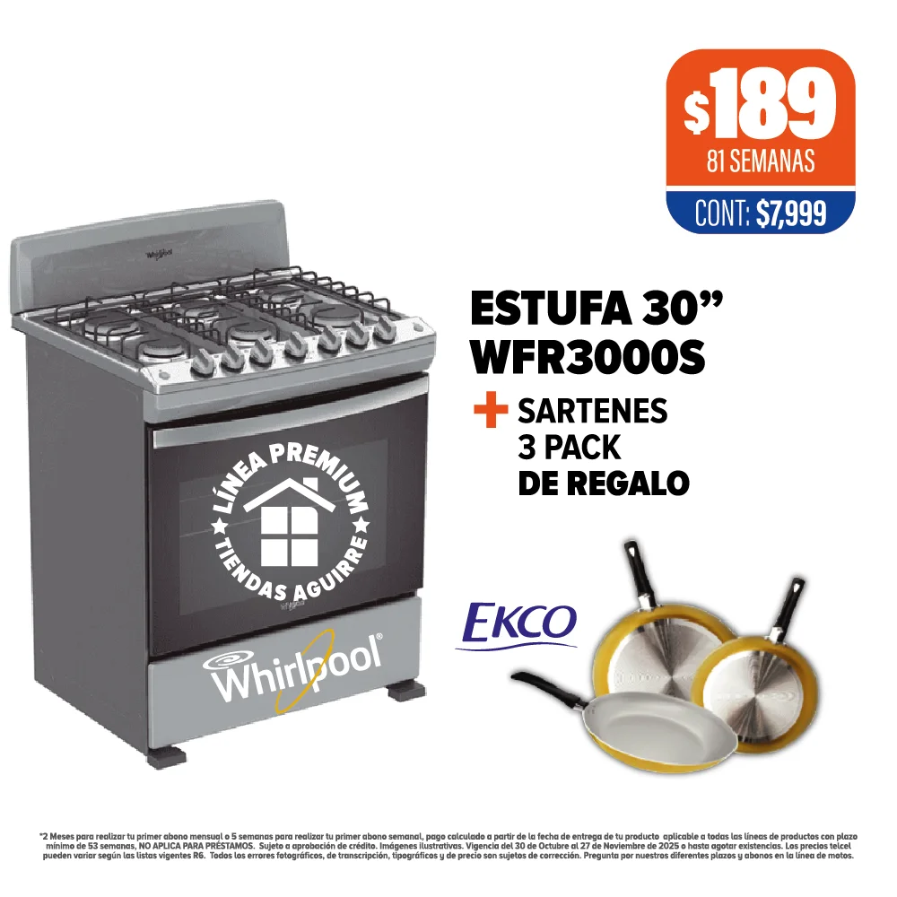 ESTUFA WHIRLPOOL 30” + SARTENES DE REGALO