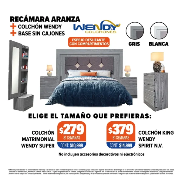 RECÁMARA ARANZA + COLCHÓN + BASE