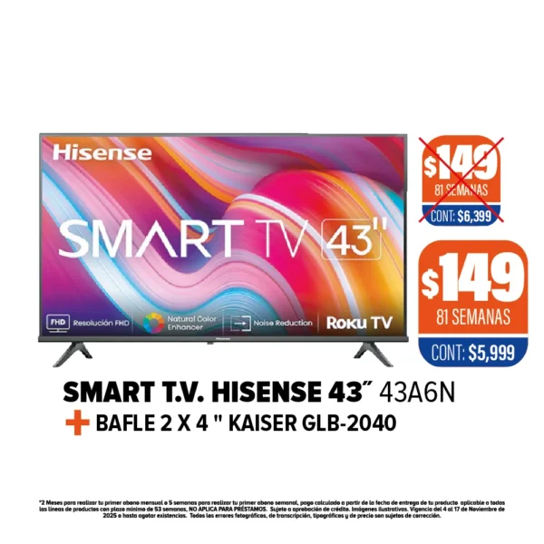 SMART TV HISENSE 43" + BAFLE KSR 2X4" GLB2040