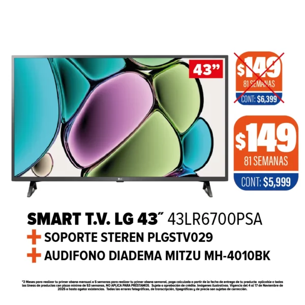SMART TV LG 43" + SOPORTE + AUDÍFONOS