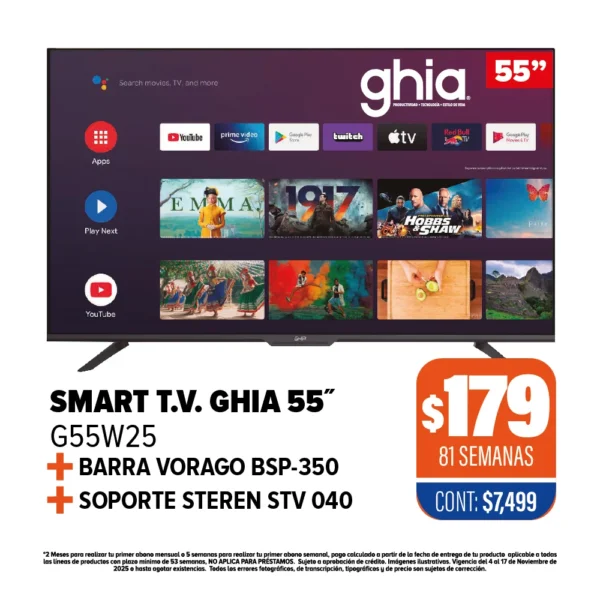 SMART TV GHIA 55" + BARRA DE SONIDO + SOPORTE
