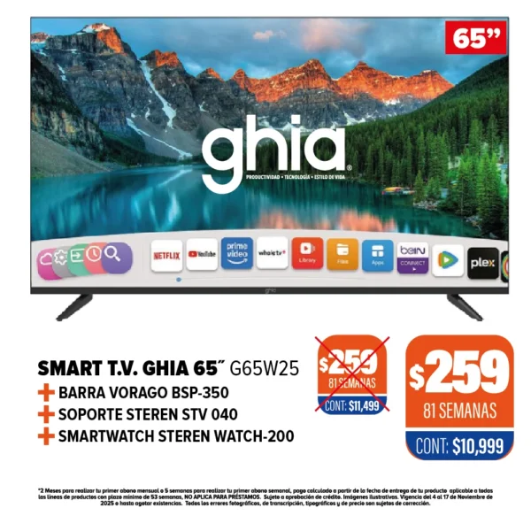 SMART TV GHIA 65" + BARRA + SOPORTE + SMARTWATCH