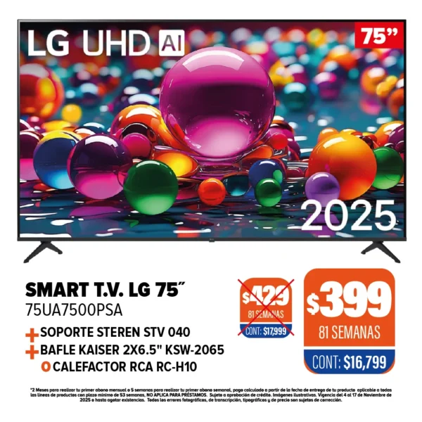 SMART TV LG 75" + SOPORTE + BAFLE Ó CALEFACTOR