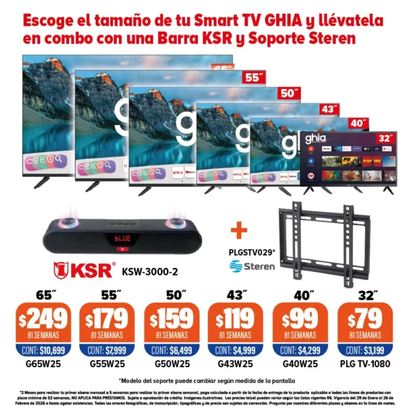 SMART TV GHIA + SOPORTE + BARRA DE SONIDO