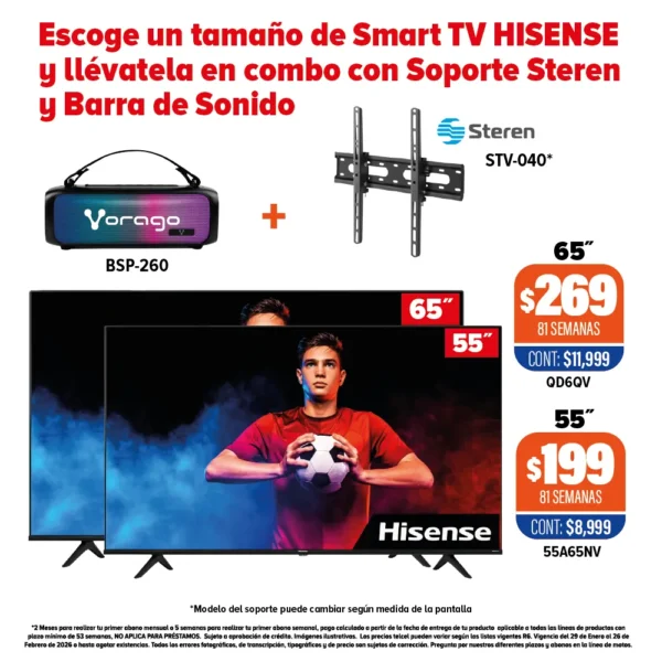 SMART TV HISENSE + SOPORTE + BARRA DE SONIDO