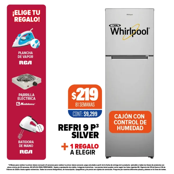 REFRIGERADOR WHIRLPOOL 9 P3 SILVER + 1 REGALO A ELEGIR
