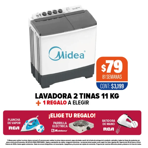 LAVADORA MIDEA 2 TINAS 11KG + 1 REGALO A ELEGIR