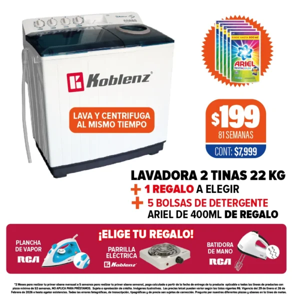 LAVADORA KOBLENZ 2 TINAS 22 KG + DETERGENTE DE REGALO + 1 REGALO A ELEGIR