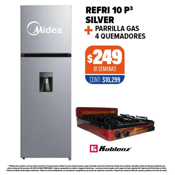 REFRIGERADOR MIDEA 10 P3 SILVER + PARRILLA DE GAS 4 QUEMADORES
