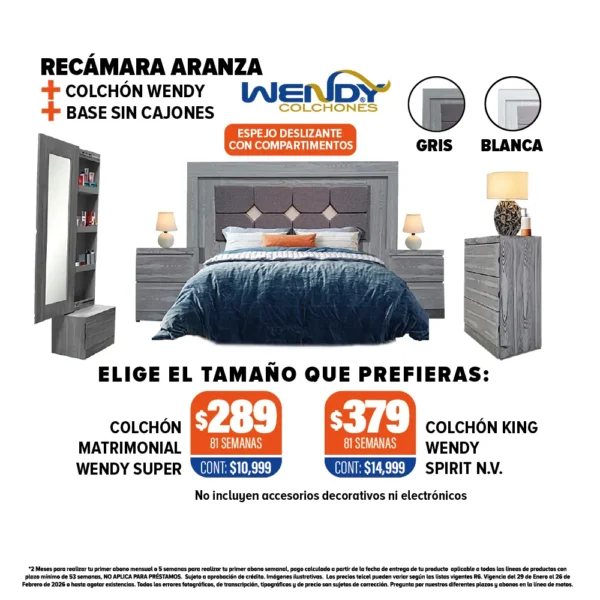RECÁMARA ARANZA + COLCHÓN WENDY + BASE