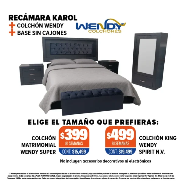 RECÁMARA KAROL + COLCHÓN WENDY + BASE