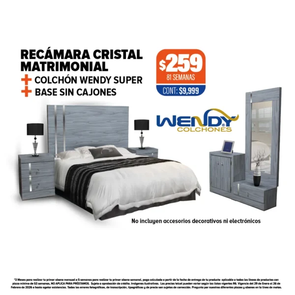 RECÁMARA CRISTAL + COLCHÓN WENDY + BASE