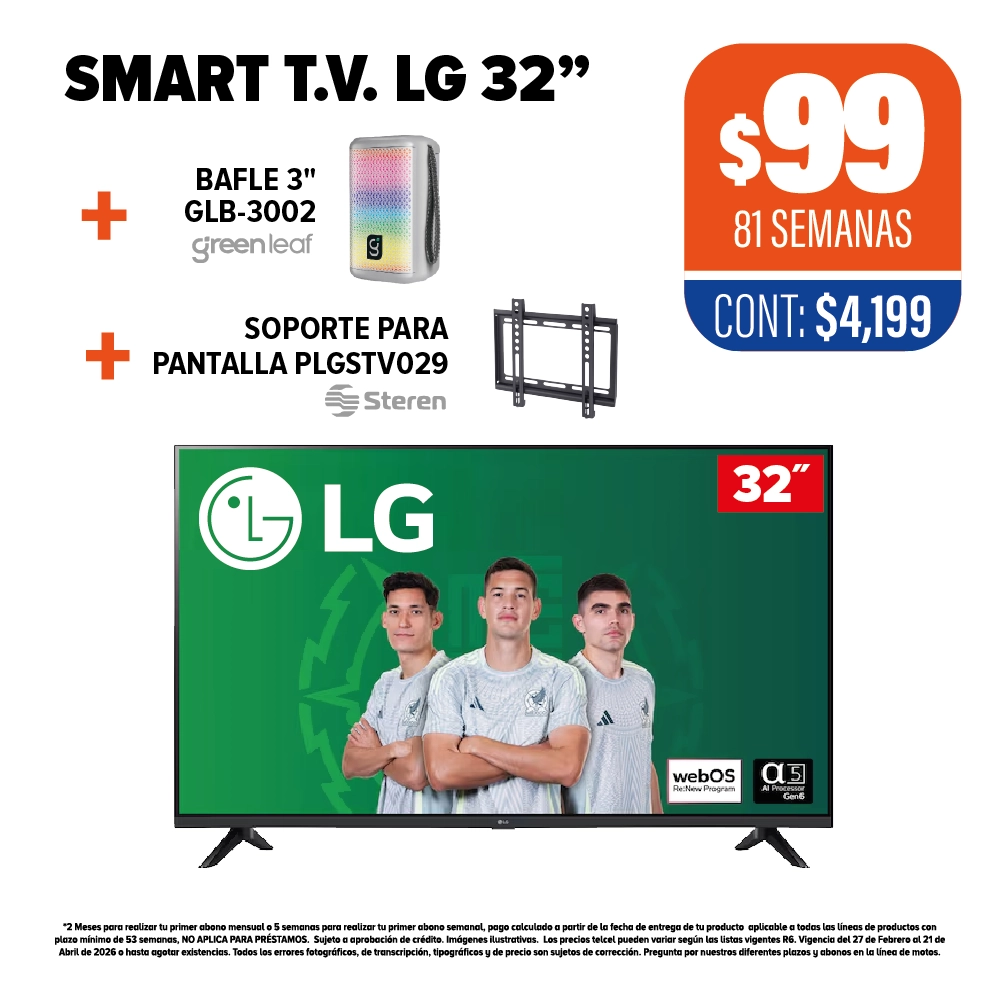 SMART TV LG 32" + SOPORTE STEREN + BAFLE 3" GREENLEAF