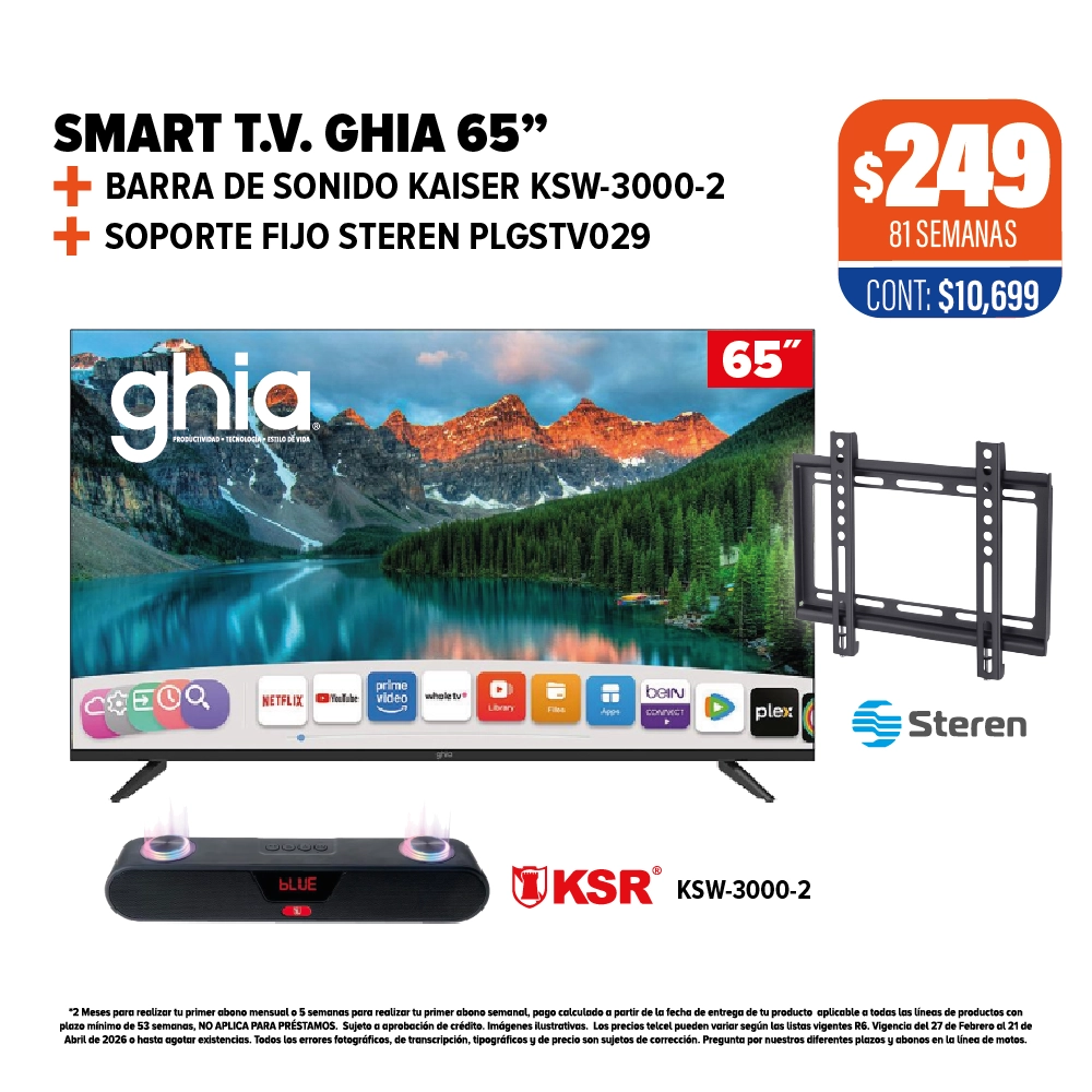 SMART TV GHIA 65" + SOPORTE STEREN + BARRA DE SONIDO KSR