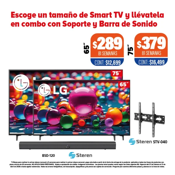 SMART TV LG + SOPORTE Y BARRA DE SONIDO STEREN