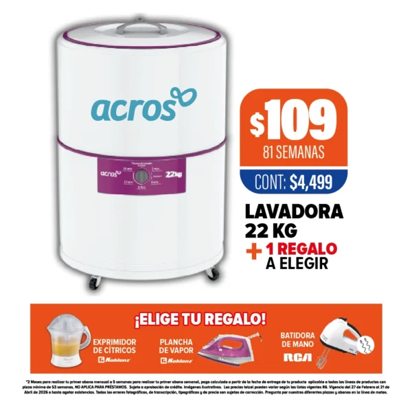 LAVADORA ACROS 22KG + REGALO A ELEGIR