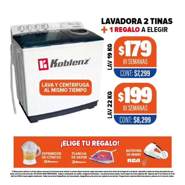 LAVADORA 2 TINAS KOBLENZ + REGALO A ELEGIR