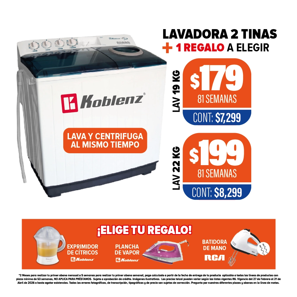 LAVADORA 2 TINAS KOBLENZ + REGALO A ELEGIR