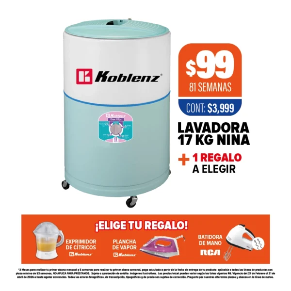 LAVADORA 17KG NINA KOBLENZ + REGALO A ELEGIR