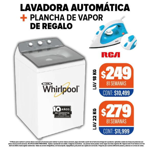 LAVADORA AUTOMÁTICA WHIRLPOOL + PLANCHA DE REGALO