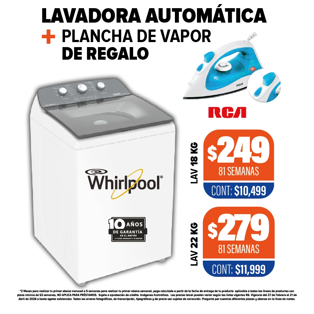 LAVADORA AUTOMÁTICA WHIRLPOOL + PLANCHA DE REGALO