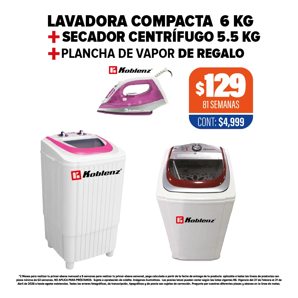 LAVADORA 6KG + SECADOR CENTRÍFUGO 5.5 KG + PLANCHA KOBLENZ