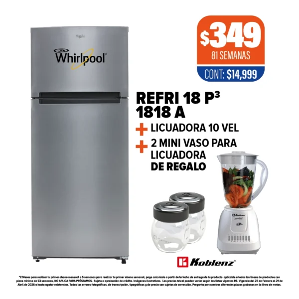 REFRIGERADOR WHIRLPOOL 18P3 + LICUADORA + MINI VASOS