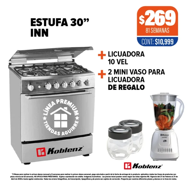 ESTUFA KOBLENZ 30” + LICUADORA + MINI VASOS