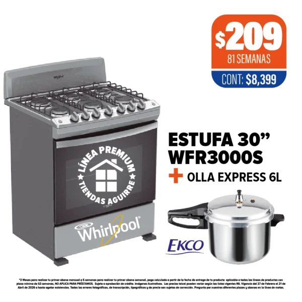 ESTUFA WHIRLPOOL 30” + OLLA EXPRESS EKCO