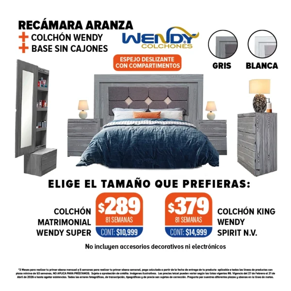 RECÁMARA ARANZA + COLCHÓN WENDY + BASE