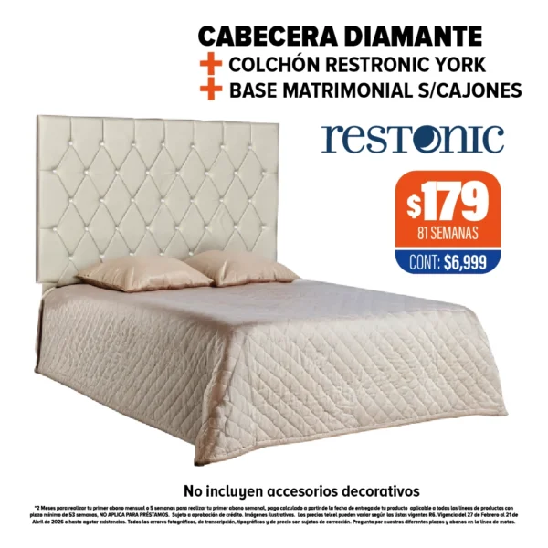 CABECERA DIAMANTE + COLCHÓN RESTONIC + BASE