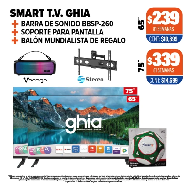 SMART T.V. GHIA + Barra de sonido BSP-260 + Soporte para pantalla + Balón mundialista de regalo