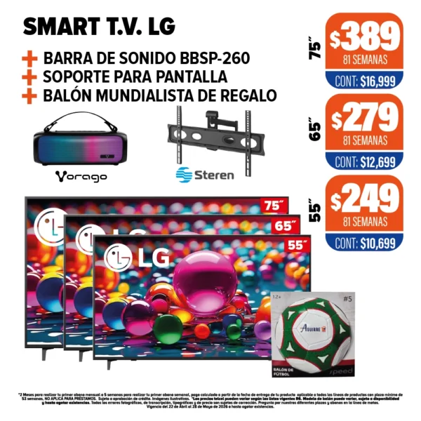 SMART T.V. LG  + Barra de sonido BSP-260 + Soporte para pantalla + Balón mundialista de regalo