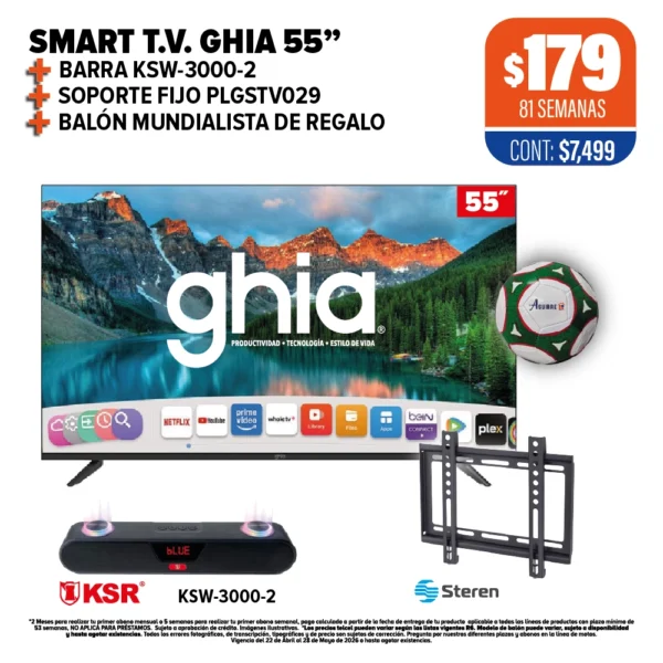 SMART T.V. GHIA 55" + Barra KSW-3000-2 + Soporte fijo PLGSTV029 + Balón mundialista de regalo