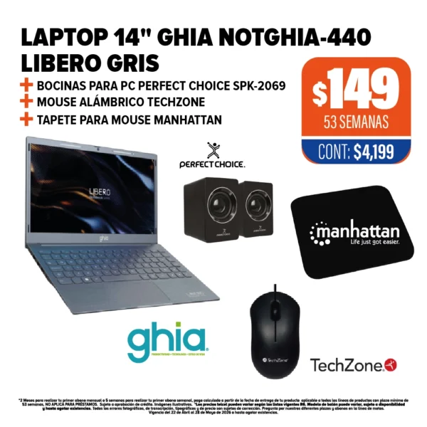 LAPTOP 14 GHIA NOTGHIA-440 LIBERO + BOCINAS + MOUSE + TAPETE