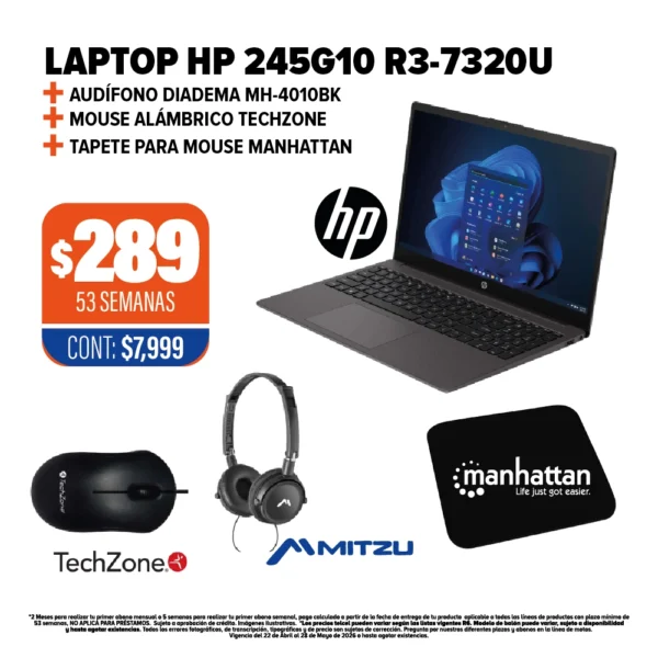 LAPTOP HP 245G10 R3-7320U + AUDÍFONOS + MOUSE + TAPETE