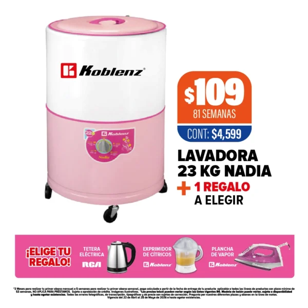 LAVADORA 23 KG NADIA + regalo a elegir