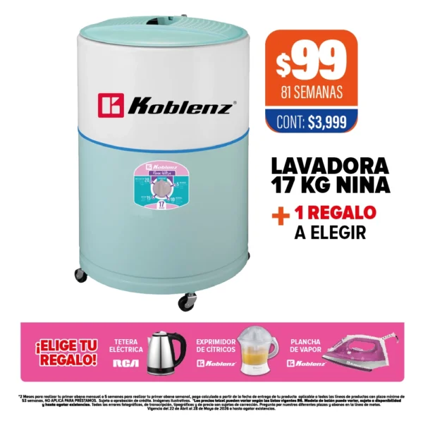 LAVADORA 17 KG NINA + regalo a elegir